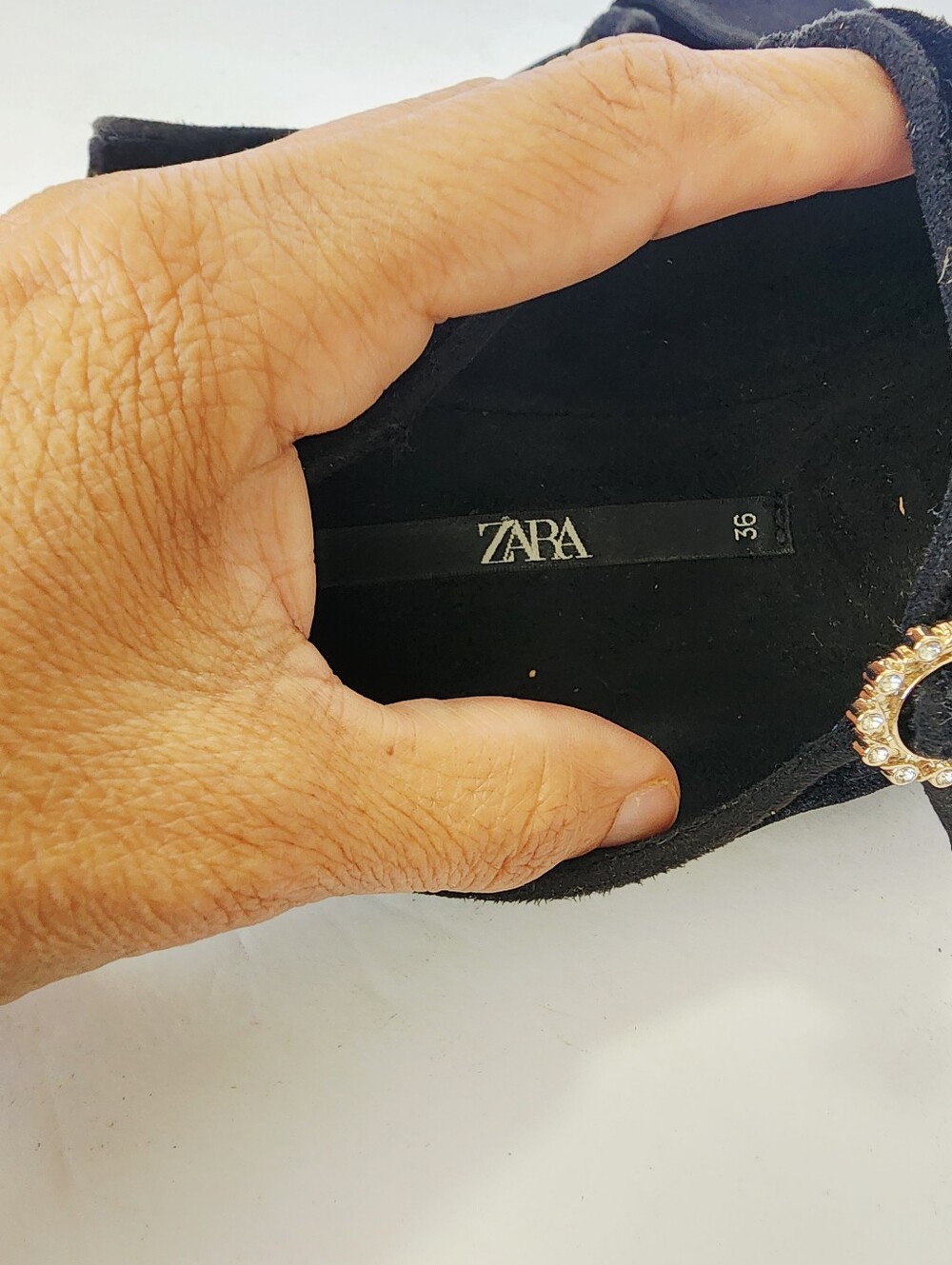 Zara Black Velvet Mary Jane Flats with Decorative Gold-Tone Buckle - Picture 7 of 9